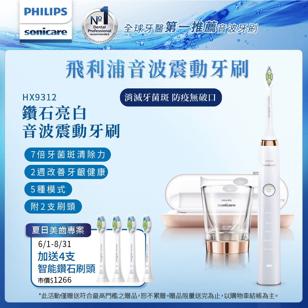 【Philips 飛利浦】鑽石靓白音波震動電動牙刷HX9312/02