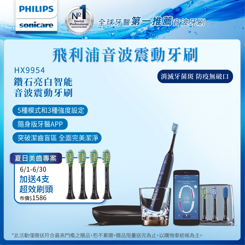 【Philips 飛利浦】鑽石靓白智能音波震動電動牙刷HX9954/52