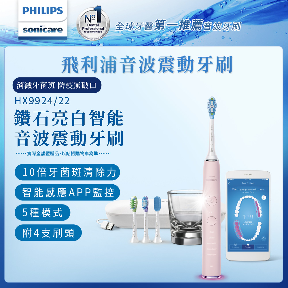 【Philips 飛利浦】石靓白智能音波震動電動牙刷HX9924/22