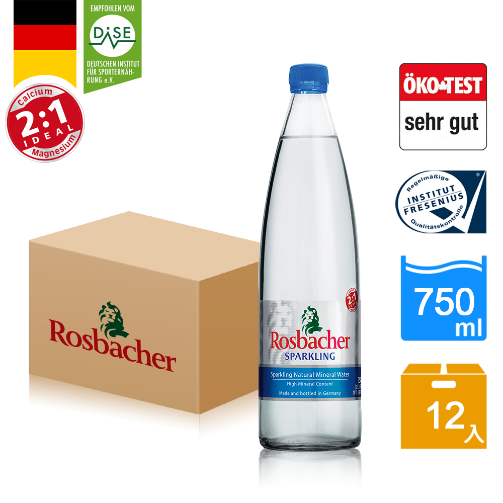 【Rosbacher】德國天然礦泉水氣泡礦泉水玻璃瓶750ml 箱購共12入